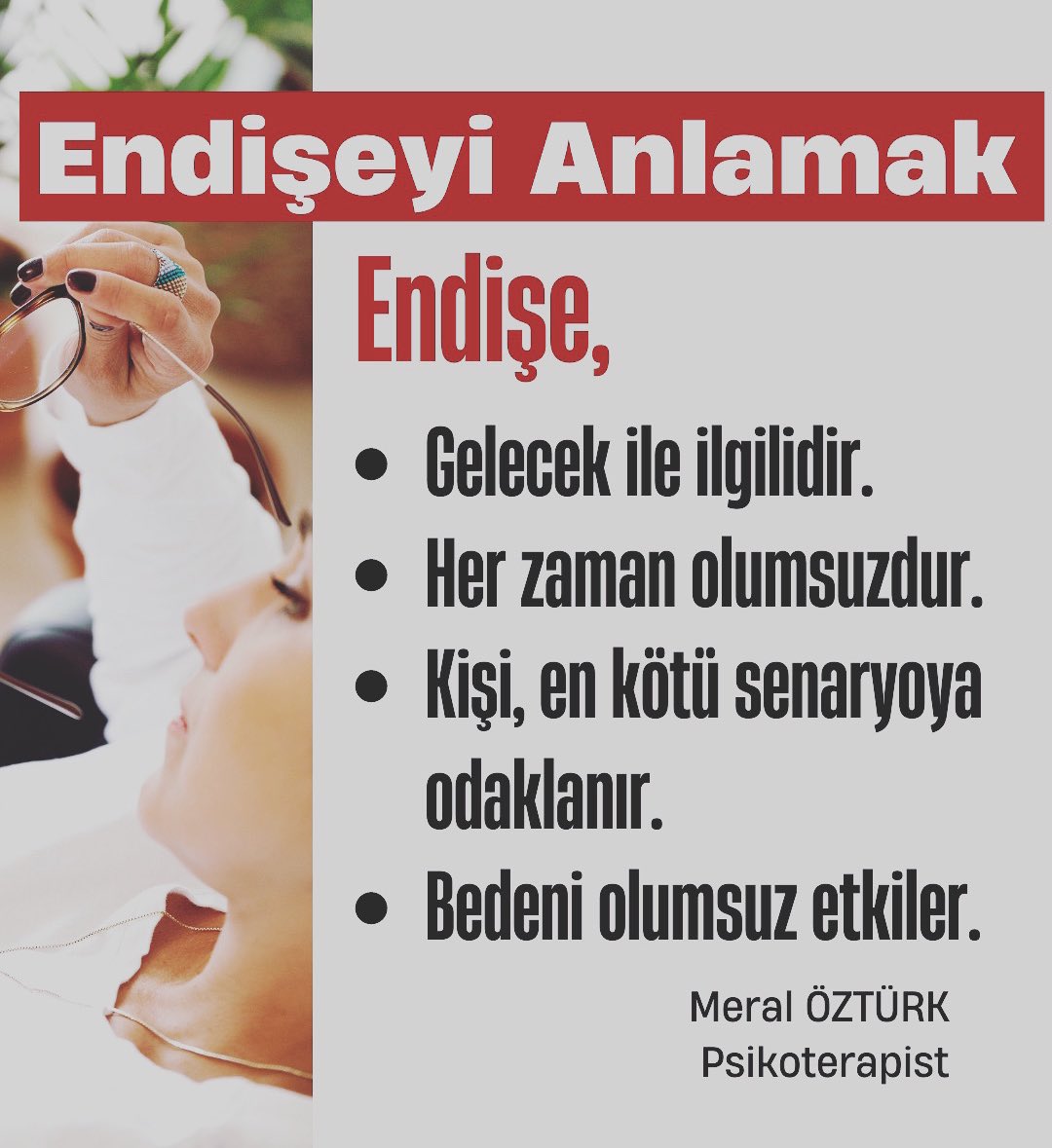 Endişe ve kaygıyı anlamak onu iyileştirmek için önemli bir adımdır. 

*Uzun süreli endişe durumunda bedende bazı hastalık ve rahatsızlıklar ortaya çıkabilir. 

Meral Öztürk Günel
Psikoterapist 
.
.
#kaygı #endişe #anksiyete #anksiyetebozukluğu #YalıÇapkını #survivor2023