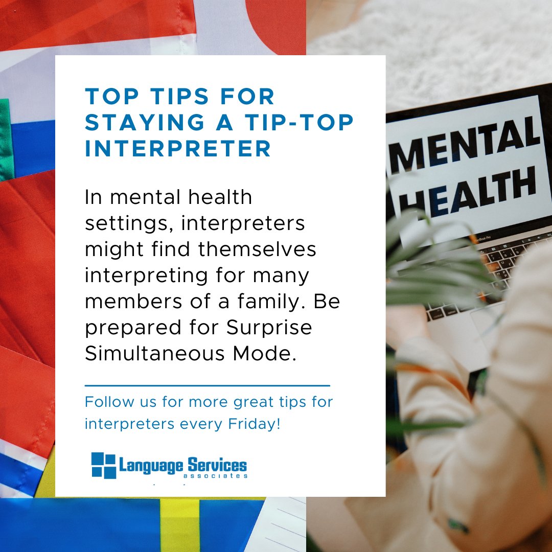 LSAWeb's tweet image. In mental health settings, interpreters might find themselves interpreting for many members of a family. Be prepared for Surprise Simultaneous Mode.

#InterpreterTip #Interpreter #InterpreterLife #LSP #LanguageAccess #ProfessionalTips #ProfessionalDevelopment
