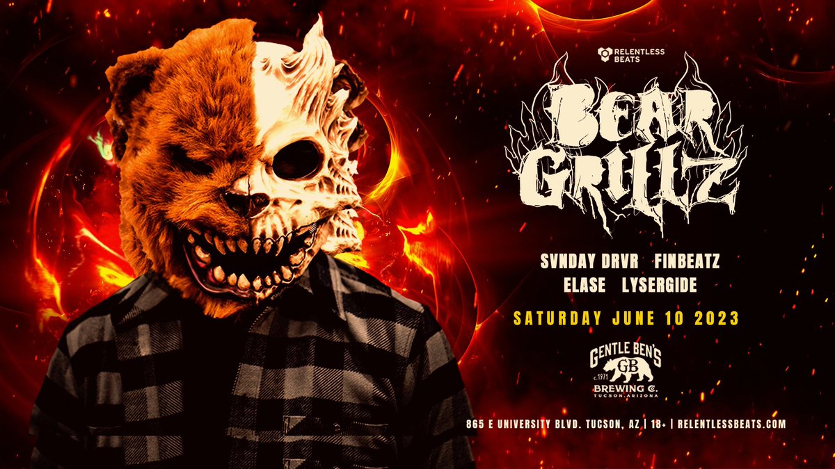 TUCSON! I’m back once again @GentleBens for the legend himself @itsbeargrillz on Saturday June 10th!
My set is from 10:45pm to 11:45pm! 
•
•
•
•
🎫 relentlessbeats.com
USE CODE FINBEATZ TO SAVE $$
@RelentlessBeats 
•
•
•
•
official.lysergide 
itselase 
@SVNDAY_DRVR