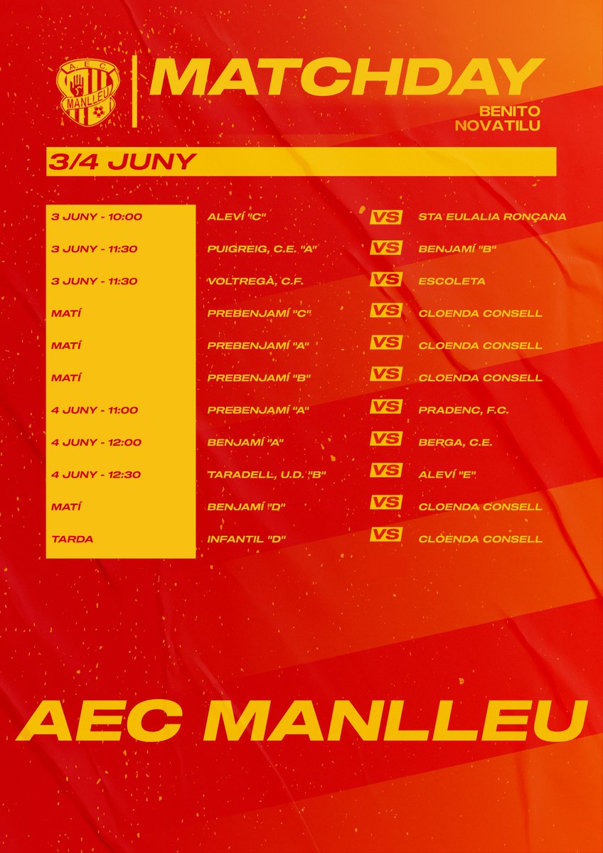 ⚽️ 𝙈𝘼𝙏𝘾𝙃𝘿𝘼𝙔𝙎! ⚽️

⚔️ Partits del cap de setmana! 💥
📆 3 i 4 de juny.

🔴🟡 #somdelmanlleu #aecmanlleu