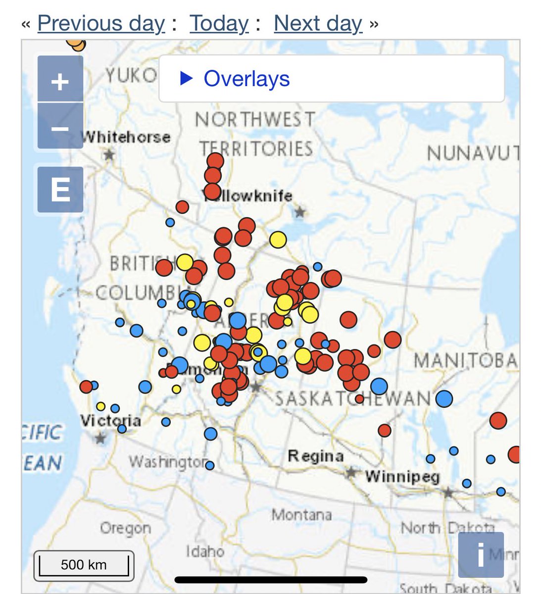 KristinBingham's tweet photo. I think more people need to talk about the fact that our country is literally on fire.

Map of active priority wildfires across the country. New Brunswick, Nova Scotia, Alberta, BC, Northwest Territories, Saskatchewan, Ontario, Quebec 

The red dots indicate out of control https://t.co/8m24UhnNL4