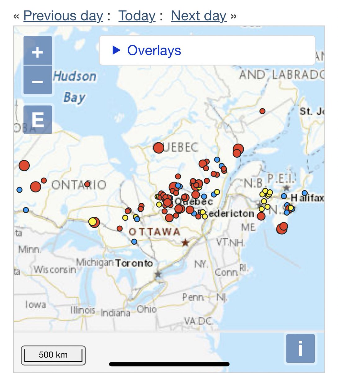 KristinBingham's tweet photo. I think more people need to talk about the fact that our country is literally on fire.

Map of active priority wildfires across the country. New Brunswick, Nova Scotia, Alberta, BC, Northwest Territories, Saskatchewan, Ontario, Quebec 

The red dots indicate out of control https://t.co/8m24UhnNL4