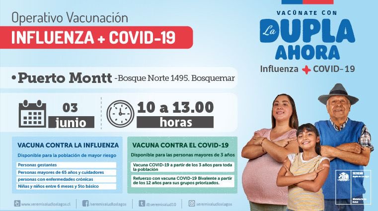 seremisalud10's tweet photo. ❗️Atención #PuertoMontt
Mañana, 03 de junio, estaremos acercando la vacunación contra #covid_19 e #Influenza en sector #Bosquemar.
🕥 Te esperamos de 10 a 13.00 hrs. en Bosque Norte 1495, sede de la junta de vecinos.

#VacúnateConLaDupla si te encuentras en los grupos de riesgo. https://t.co/6iLtkEeB9t