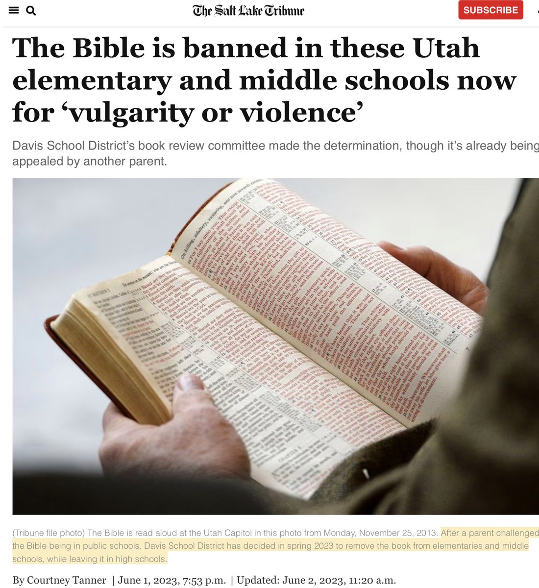 An emerging strategy that could be decisive is to leverage the bigoted, censorious Right's phalanx of unpopular laws against them. Here's 3 examples.

Ban the bible from schools: bit.ly/3qlU5ev 

🧵1/3 #ChristianNationalism #AmericanTaliban #AuthoritarianGOP #ABlueView
