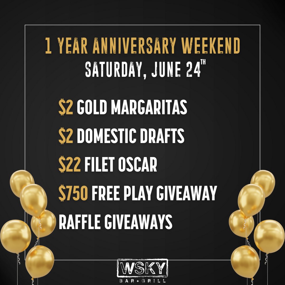 WSKYbarandgrill's tweet photo. WSKY INSPIRADA IS TURNING 1 - CELEBRATE WITH US!! ๐จ๐ฅณ
Join us June 23rd - 25th for a weekend of #giveaways, #freeplay, food, drinks, and #FUN!! ๐ฝ๏ธ๐ป๐ฐ
#WSKY #WSKYInspirada #WSKYbarandgrill #birthdayparty #birthdayweekend #gaming #cocktailsandconversations https://t.co/95dqPsyJQu