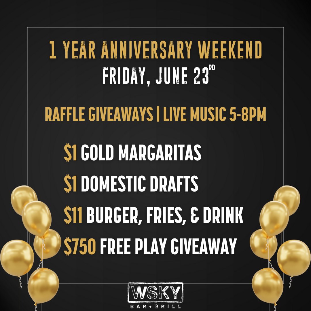 WSKYbarandgrill's tweet photo. WSKY INSPIRADA IS TURNING 1 - CELEBRATE WITH US!! ๐จ๐ฅณ
Join us June 23rd - 25th for a weekend of #giveaways, #freeplay, food, drinks, and #FUN!! ๐ฝ๏ธ๐ป๐ฐ
#WSKY #WSKYInspirada #WSKYbarandgrill #birthdayparty #birthdayweekend #gaming #cocktailsandconversations https://t.co/95dqPsyJQu