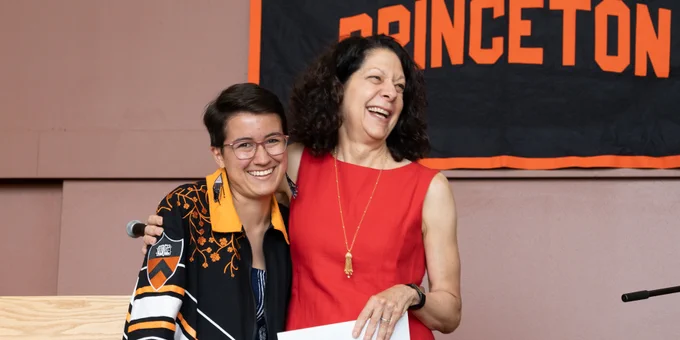 Corazón Núñez '23, recipient of the George Khoury '65 Senior Prize for Academic Excellence with Bonnie Bassler, faculty and Chair. Given to the student with the highest departmental GPA.