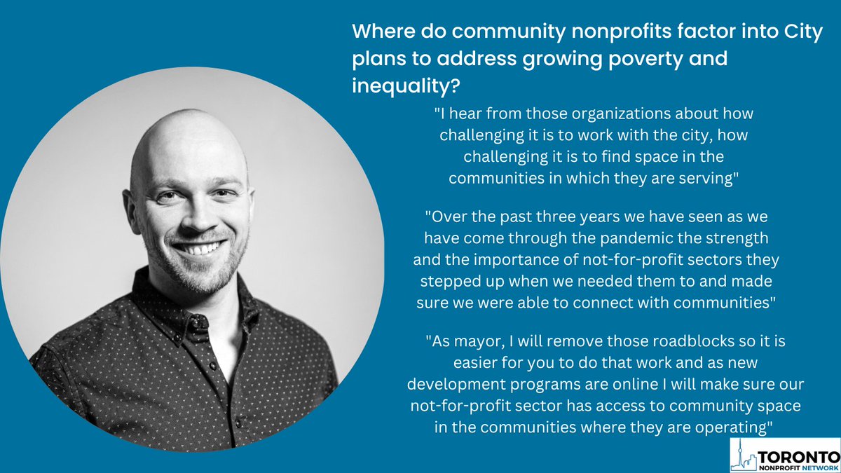 TOnonprofits's tweet photo. The Toronto Mayoral Debate at  @TorontoMet on May 31st reflected on the role of non-profits and access to space. Here's a glimpse into what each Mayoral Candidate had to say.

@BradMBradford 

#MayorDebate #TorontoPolitics #SpatialJustice #ForPublicBenefit #BradBradford https://t.co/YFkExbSXt9