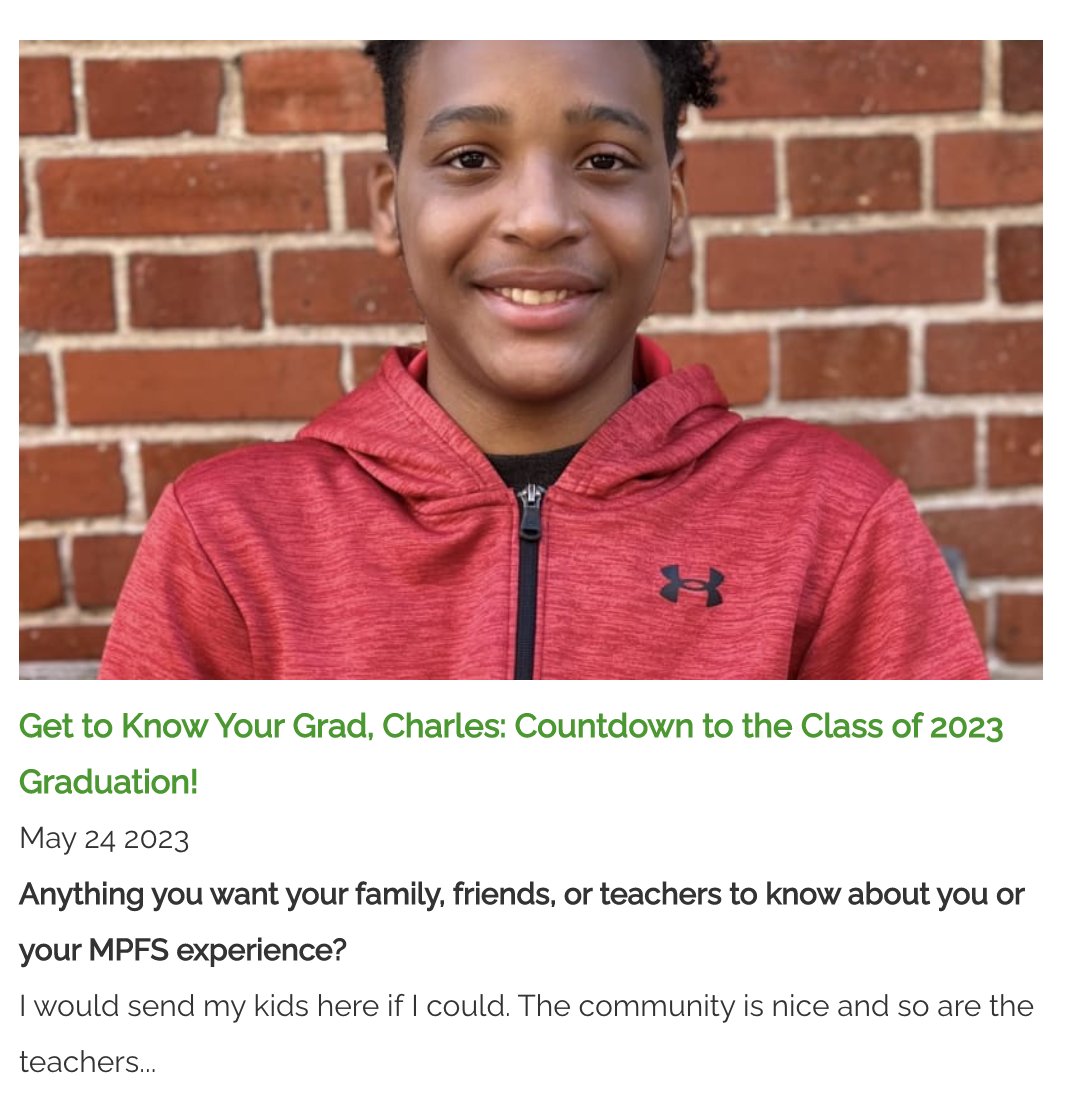 mpfs's tweet image. Check out our Q&amp;amp;A with soon-to-be grad Charles! Join us in getting to know what makes an MPFS graduate so special as we countdown to the big day! Visit mpfs.org/news to read the full Q&amp;amp;A #mpfsquakered #thisisquakered #classof2023
