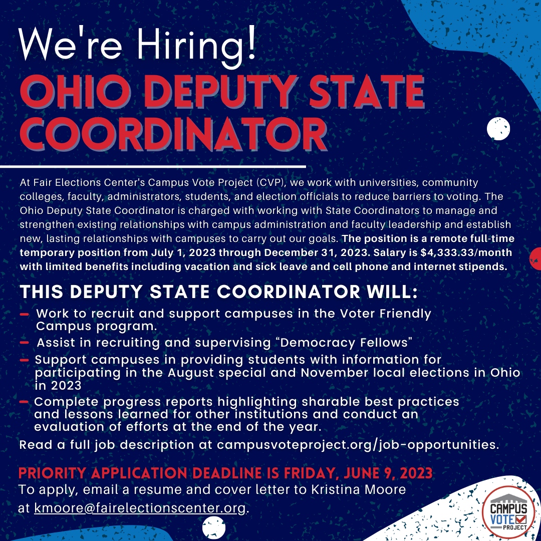CampusVote's tweet photo. The Fair Elections Center's Campus Vote Project is hiring! Head to https://t.co/X5moL4vkO2 for more information and apply to be our next Ohio Deputy State Coordinator today!
#campusvoteproject https://t.co/9qEjPURURJ