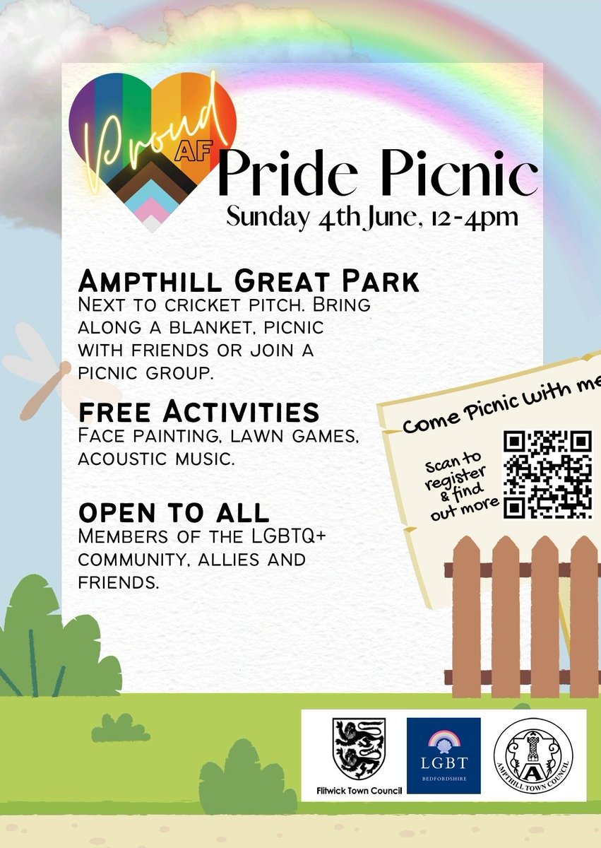 The forecast for Sunday is looking 🌞🌞🌞, perfect for a picnic in the park! Come along and join us as we kick off Pride Month in a friendly, fun and safe gathering of the LGBTQ+ community and our allies in Ampthill Great Park, Sunday 12-4pm eventbrite.co.uk/e/proud-af-pri…