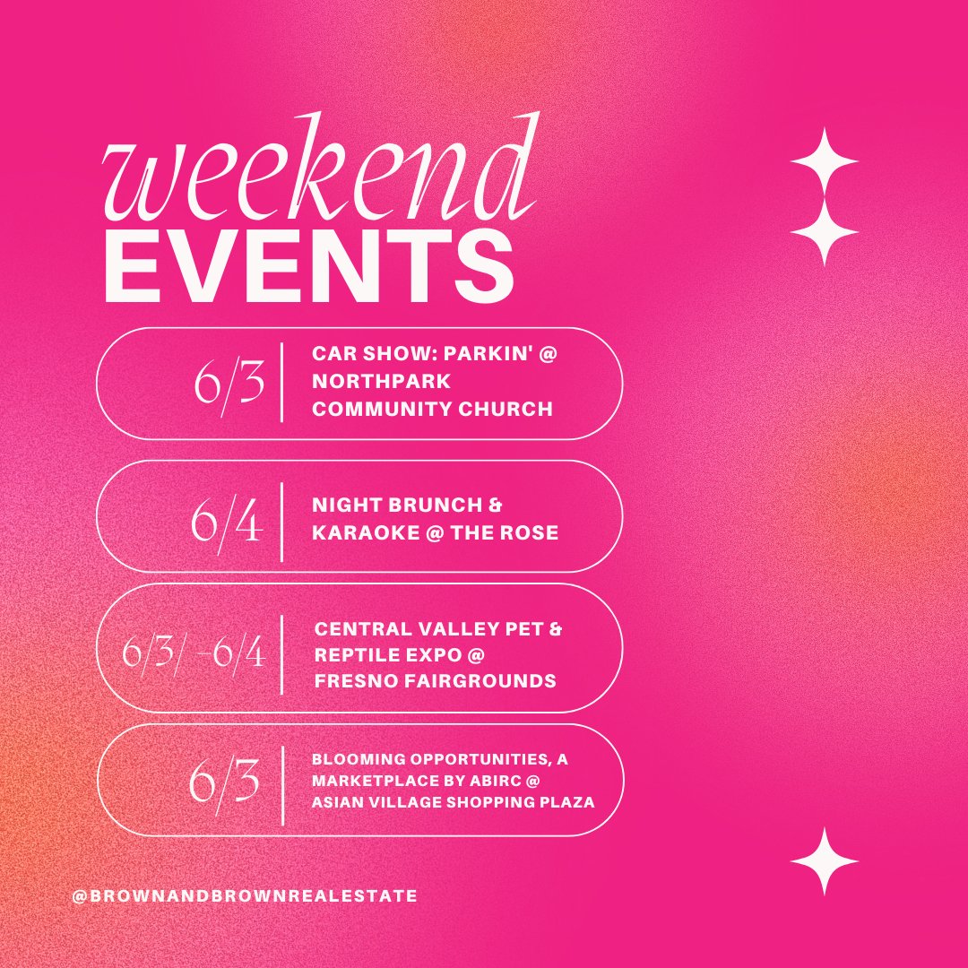 Celebrate the first weekend of June!

We rounded up the biggest events happening in #fresno this weekend!

Share with friends! 
#fresnoevents #localevents  #fresnorealestate #fresno
#fresnorealtors #clovis #madera #brownandbrownrealestate
#fresnohomes