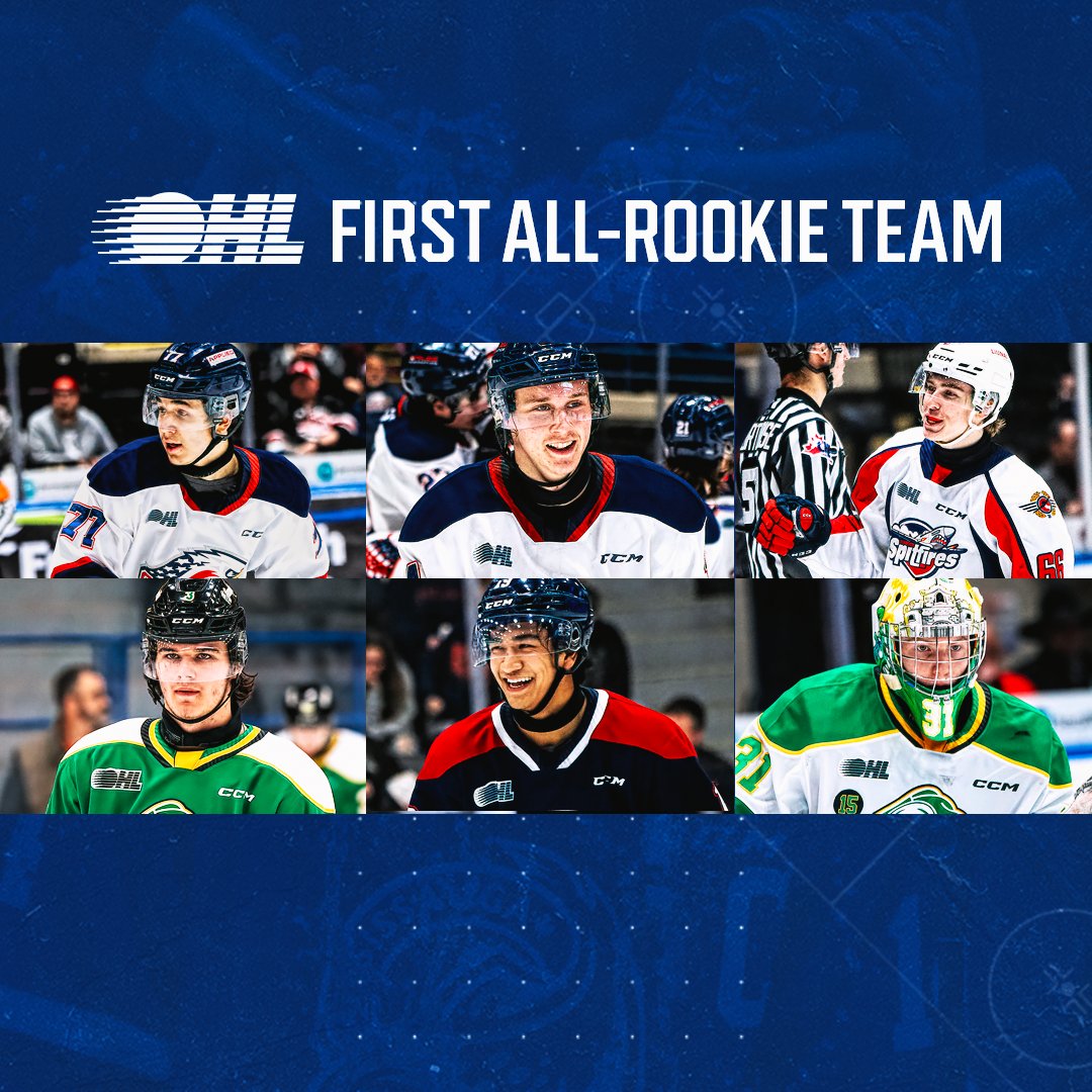 OHLHockey's tweet photo. 2022-23 #OHL First All-Rookie Team as voted by the League's General Managers:

C - Joey Willis (SAG)
LW - Michael Misa (SAG)
RW - Liam Greentree (WSR)
D - Zayne Parekh (SAG)
D - Sam Dickinson (LDN)
G - Zach Bowen (LDN) https://t.co/gzCHLLDDrV