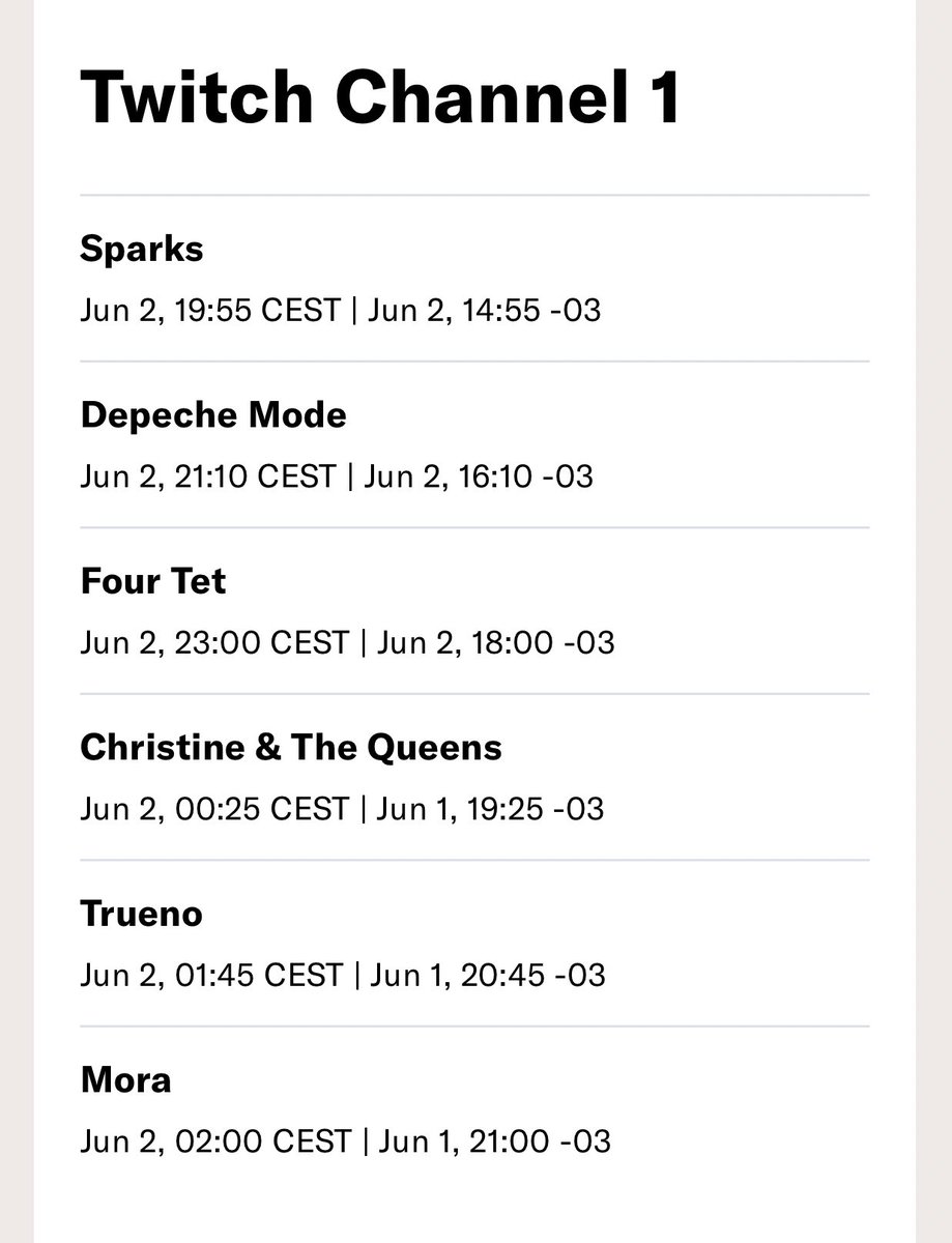 Primavera Sound Barcelona Day 2 
Channel 1:

twitch.tv/amazonmusic

Sparks

Depeche Mode

Four Tet

Christine &amp; The Queens

Trueno

Mora