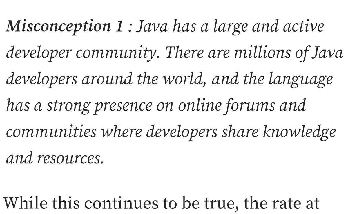 mariofusco's tweet image. If in your post titled "5 Misconceptions of developers that still think Java is relevant today" (not posting the link to avoid the clickbait) each and every "misconception" starts with "While this continues to be true..." you should wonder if your own article is full of bullshits