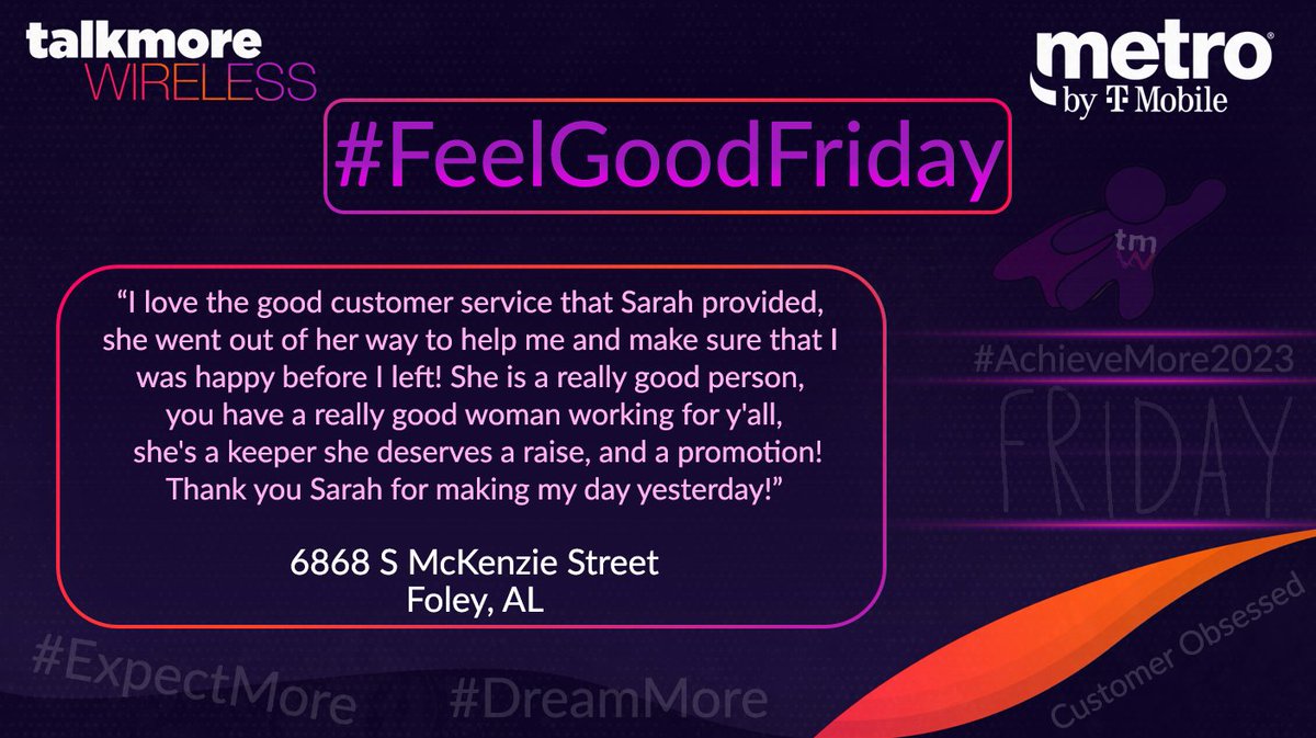 Happy #FeelGoodFriday team! This week we have an outstanding customer review from Foley, AL! Our #1 goal is creating happy #CustomersForLife, great work Sarah! Thank you, keep up the great work! #ExpectMore #AchievingMore