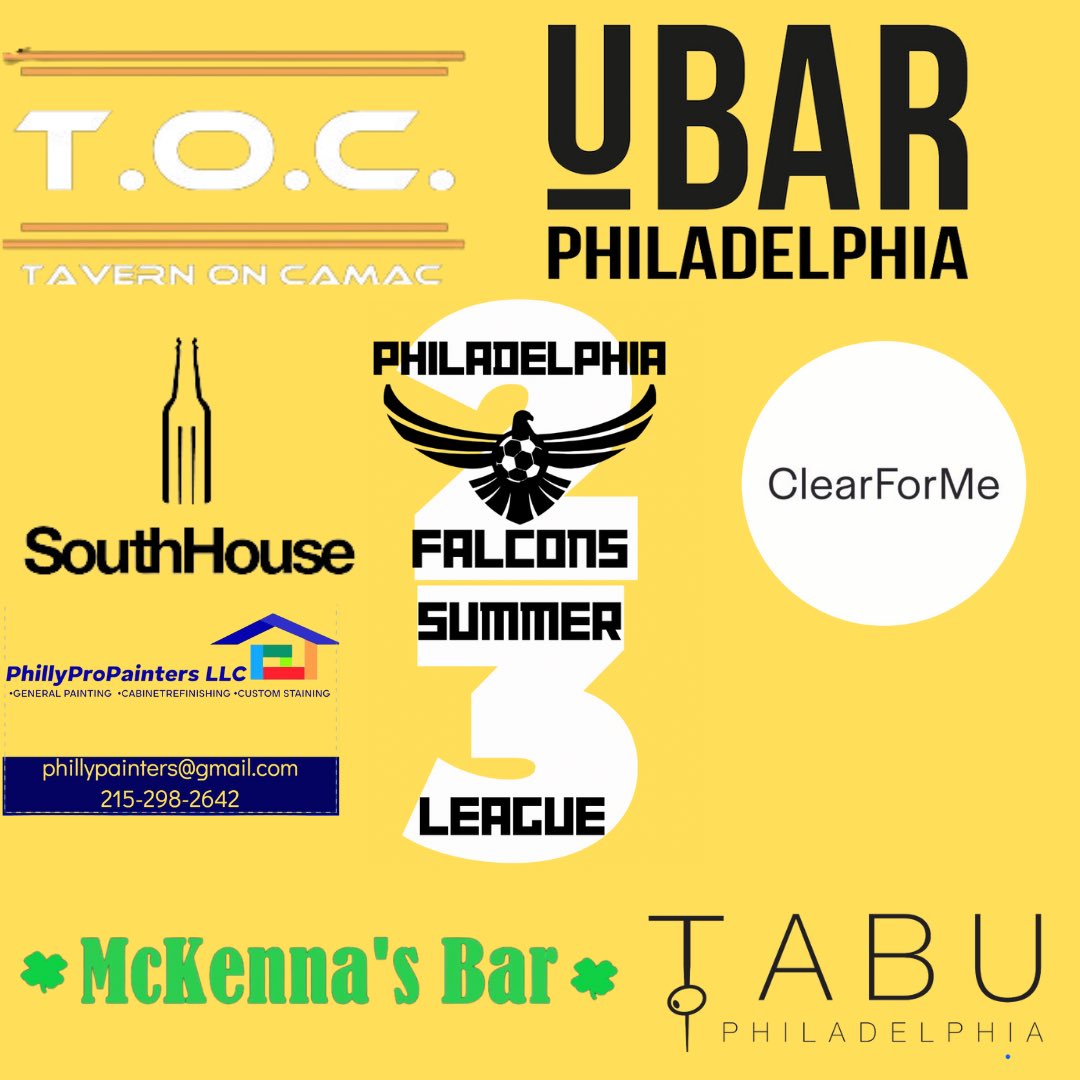 Philadelphia Falcons (@falconsoccer) on Twitter photo Favorite time of the year!
Register here: phillyfalcons.org/leagues/soccer…
Thanks to <a href="/UBarPhilly/">U Bar</a> <a href="/TavernOnCamac/">Tavern On Camac</a> <a href="/SoHoPhilly/">SouthHouse</a> <a href="/clear4me/">ClearForMe</a> <a href="/mckennasbar/">McKennas Bar</a> @TabuPhilly for supporting our teams shirts. Favorite time of the year!
Register here: phillyfalcons.org/leagues/soccer…
Thanks to <a href="/UBarPhilly/">U Bar</a> <a href="/TavernOnCamac/">Tavern On Camac</a> <a href="/SoHoPhilly/">SouthHouse</a> <a href="/clear4me/">ClearForMe</a> <a href="/mckennasbar/">McKennas Bar</a> @TabuPhilly for supporting our teams shirts.