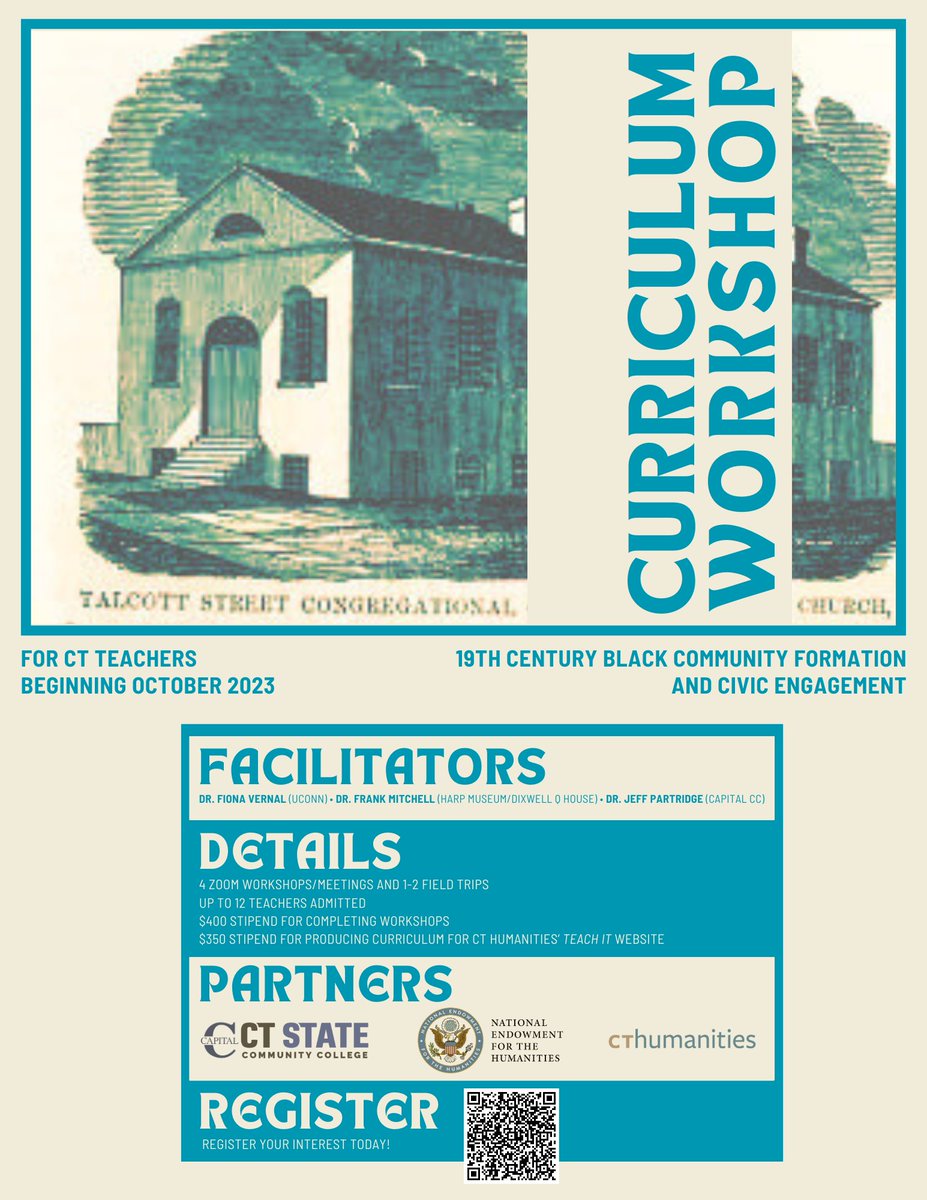 Calling all Connecticut #teachers! Check out this great (paid!) curriculum workshop opportunity about 19th century Black community formation & civic engagement in #Hartford. 

See details below & register your interest today: forms.office.com/Pages/Response…

#edchat #sschat #cthistory