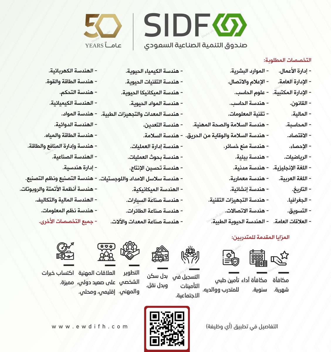 ewdifh's tweet photo. (🔴) #تدريب_منتهي_بالتوظيف في (جميع التخصصات):

⭐️ برنامج (تدريب منتهي بالتوظيف) مقدم من (SIDF) لخريجي وخريجات البكالوريوس أو الماجستير في (جميع التخصصات) عبر (٣ برامج تدريبية) تحت مظلة برامج (نُخب) مع مزايا منها (بدل سكن ونقل، تأمين طبي).

تفاصيل: https://t.co/ndF47s9Udk
#وظائف https://t.co/NWFCLHknjk
