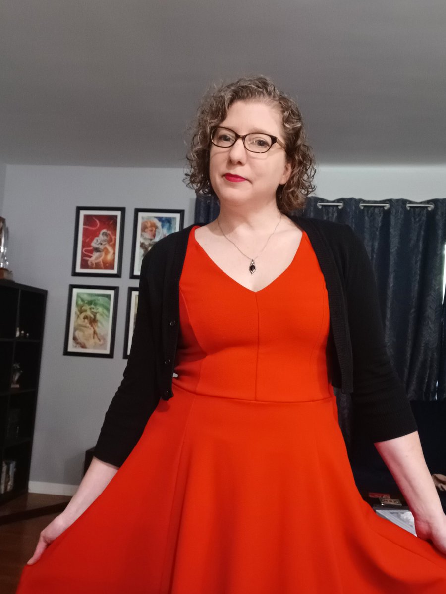 Today's #ootd is a chili pepper red dress with a black cardigan, both from @modcloth.