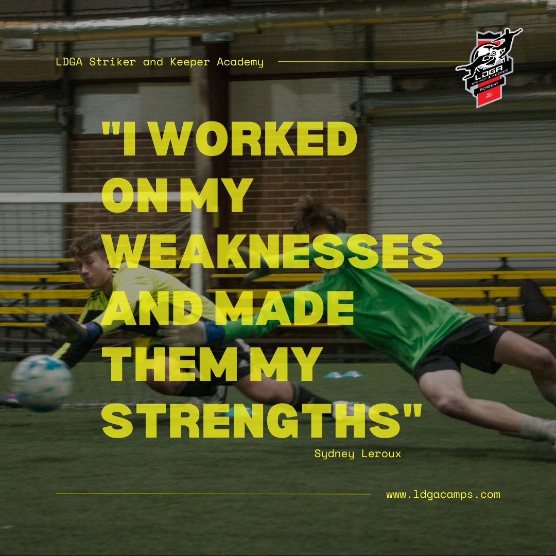 'I worked on my weaknesses and made them my strengths.' -Sydney Leroux
Analyze your game objectively and find your weaknesses each time. Focus on those weaknesses and work to surpass them.

#soccerquotes #ldgacamps #soccertraining