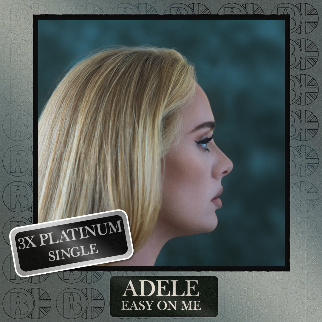 BRITs's tweet photo. 'Easy On Me', the single by @Adele, is now #BRITcertified 3x Platinum https://t.co/EfKx9HqZqz