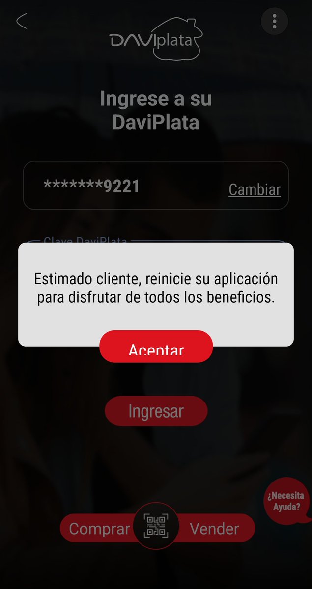 DIANAP1079's tweet photo. @DaviPlata estoy tratando de ingresar a la app y dice q debo reiniciarla, lo hago y nada, esta caída la plataforma? https://t.co/UNXrOJVeRE