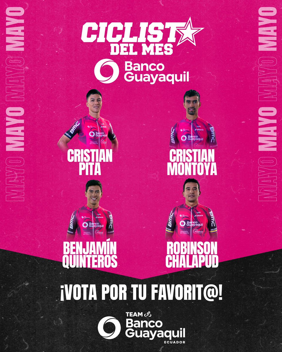 ¡Ayúdanos a elegir al #CiclistadelMes 🚴🏼presentado por @bancoguayaquil 
Apoya a tu favorito🤩  entre los participantes  tendrán  la oportunidad de llevarse un premio sorpresa en nuestra cuenta de Instagram @teambancoguayaquil_ec 🎁 la votación se cierra el día Lunes 5 Junio.