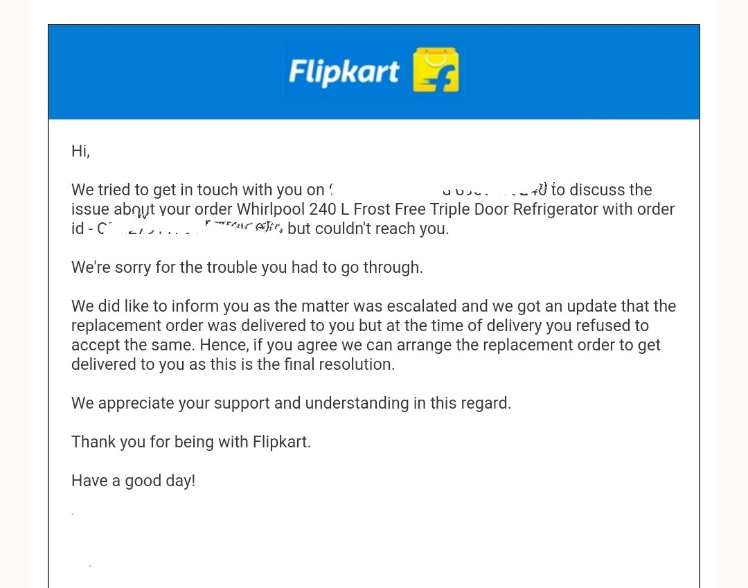 asimdabir's tweet photo. Day-33  Ordered refrigerator -logistics team marked as delivered, but no product is delivered. 
New Fight for Justice - Day 3- Flipkart agreed that the product is not delivered and will resend the product. Not sure by when?. @flipkartsupport https://t.co/7O4loIbPui