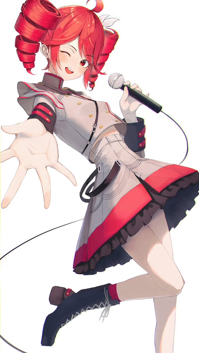 kasane teto 1girl solo microphone drill hair one eye closed skirt red hair  illustration images