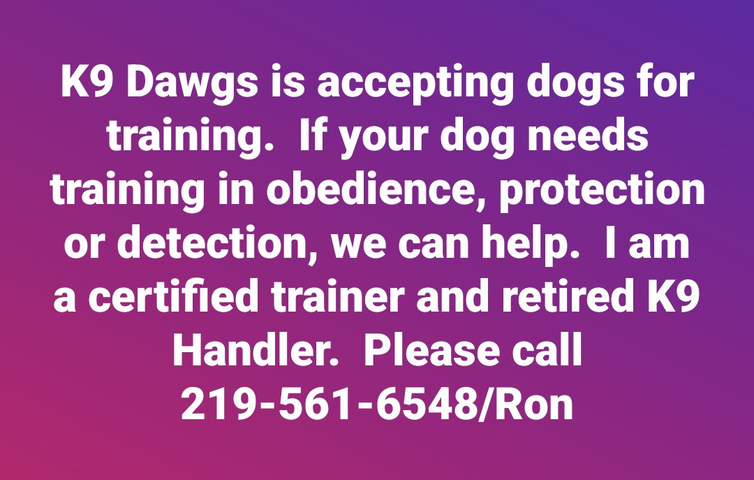 Currently in the Indiana, Illinois and Michigan area! Will travel within reason!
---
#k9 #k9dogs #k9training #detectiondogs #dogs #canine #protectiondog #obediencetraining #obedience #furryfriends #k9love #k9lovers #k9handler #handler #indiana #illinois #michigan #confertrainer