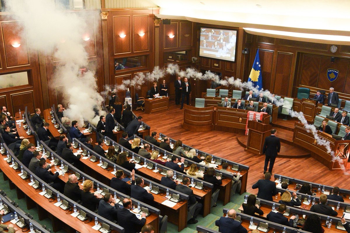 Albin Kurti, famous for complaining about Serbs being mean to KFOR/EULEX, wasn't phased at all by the fact that his supporters did the same (or when they tear-gassed the parliament). 
In the first image, Xhelal Sveçla was present, the current minister of internal affairs

#Kosovo