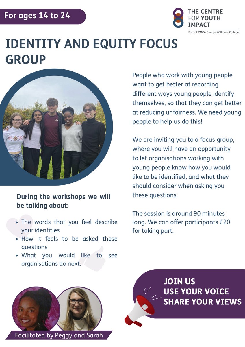 Shoutout_UK's tweet photo. 🔊 Calling all young people aged 14-24🔊

The Centres @ YMCA George Williams College (@Centres_GWC) are hosting a paid Identity and Equity focus group, on the 7th of June at 6 pm. 

All participants will be paid £20. 

To sign up, head to the link 👉https://t.co/4lqCPXg77v
