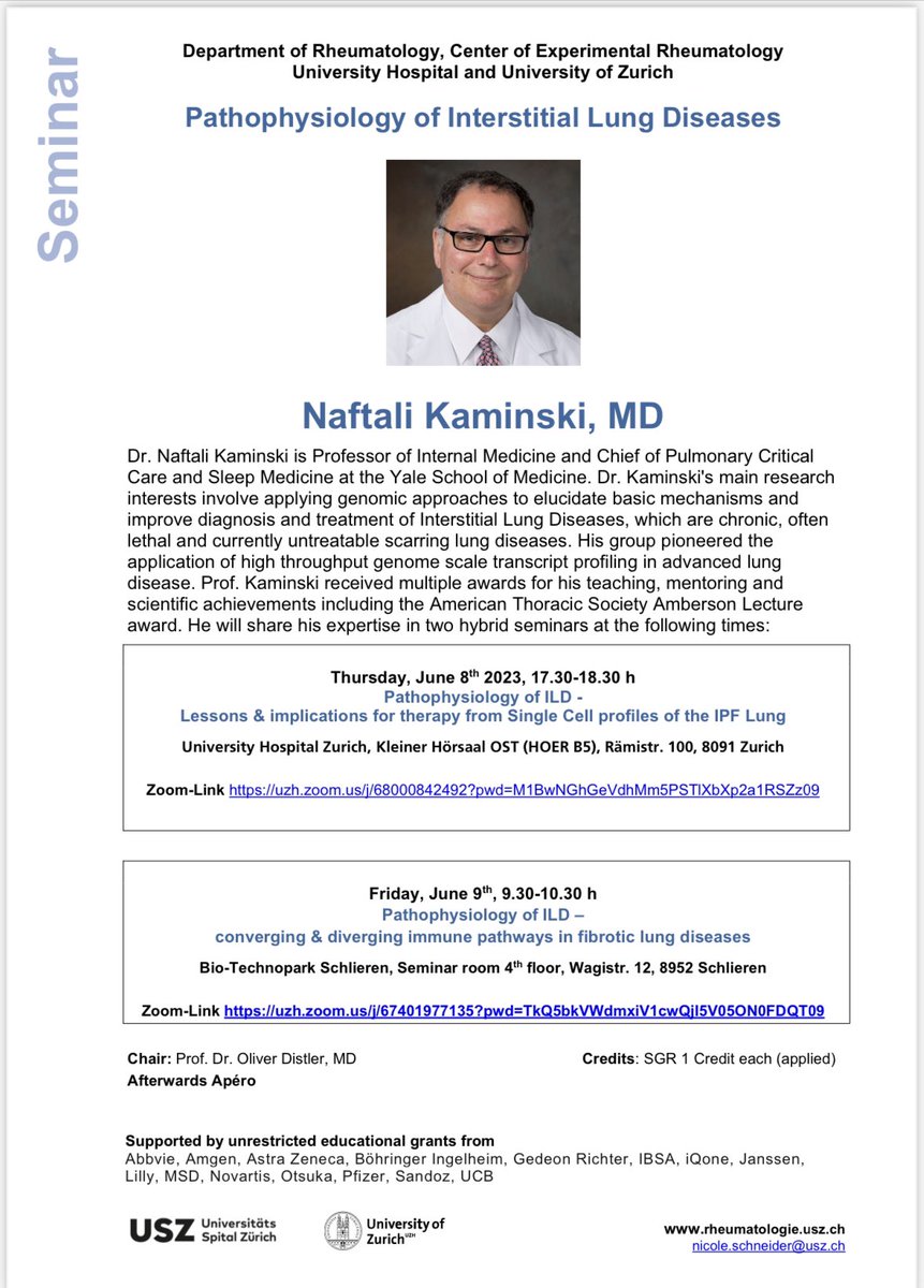 My 1st in-person talks in Europe after 4 years‼️
Thursday: Pathophysiology of ILD - Lessons &amp; implications for therapy from Single Cell profiles of the IPF Lung 
Friday: Pathophysiology of ILD - converging &amp; diverging immune pathways in fibrotic lung disease
U of Zurich &amp; hybrid
