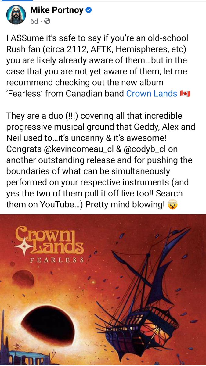 @primarily_prog Gotta love @MikePortnoy 's drum work. I also love how he supports his fellow musicians. Here's what he had to say about this phenomenal Canadian duo @CrownLandsMusic 
I think they are definitely a band many of your followers would enjoy!