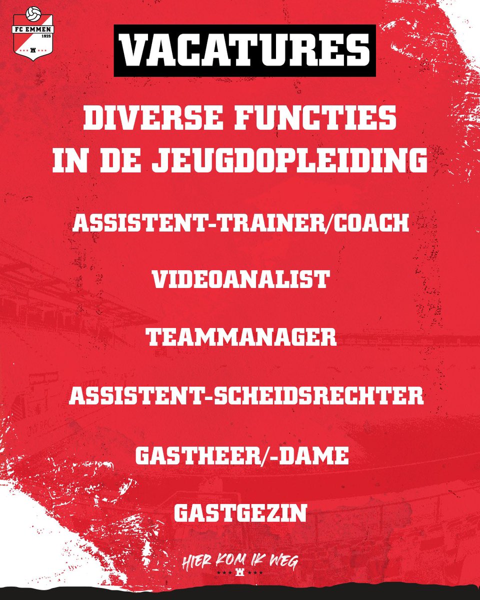 𝗩𝗔𝗖𝗔𝗧𝗨𝗥𝗘𝗦! 🚨

Diverse functies in de Jeugdopleiding van FC Emmen! ⚽️

Ga snel naar fcemmen.nl/vacature-diver…

#HIERKOMIKWEG