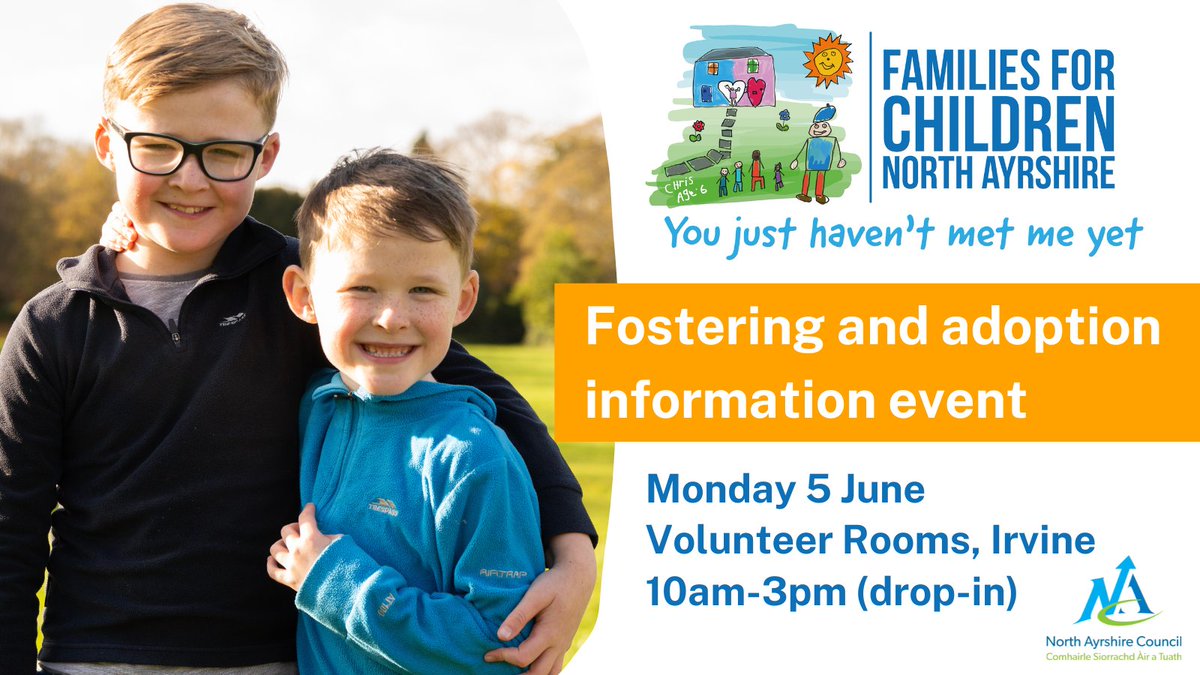 North_Ayrshire's tweet photo. Our Families for Children team will host an informal drop-in session between 10am - 3pm this Monday (5 June) at the Volunteer Rooms, Irvine to give anyone who has been thinking about fostering or adoption the opportunity to find out more: https://t.co/fxeJGUu0kN https://t.co/db7ckvFeoM