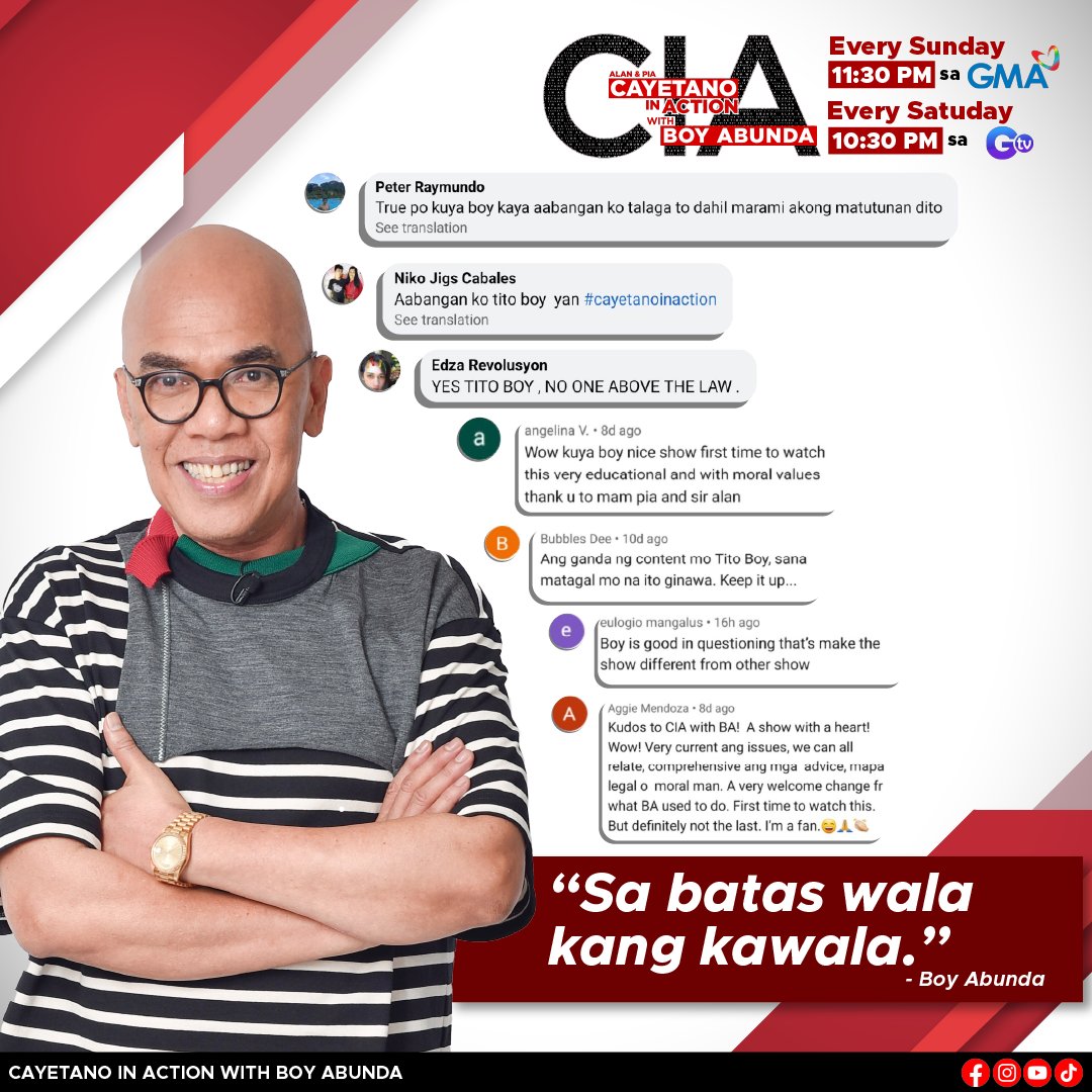 CIAwithBA's tweet photo. "Sa batas wala kang kawala."
Boy Abunda   

Patuloy na manuod ng Cayetano in Action with Boy Abunda tuwing Lingo ng gabi 11:30 PM sa GMA at 10:30 PM naman tuwing sabado sa GTV.

#CayetanoInActionwithBoyAbunda #AlanCayetano #PiaCayetano #BoyAbunda #GMA #GTV https://t.co/0vdytoqPRG