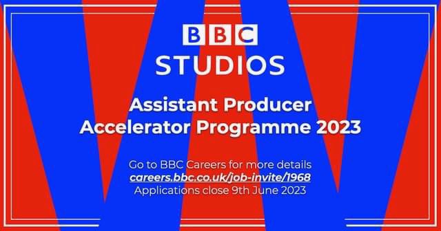 BBC Studios is offering 11 x 12-month AP contracts via its Assistant Producer Accelerator Programme.  There's one week to go until applications close at 23:59 on Friday 9th June.  To find out more and apply - please use this link - careers.bbc.co.uk/job-invite/196… #tvjobs #tvproducer…