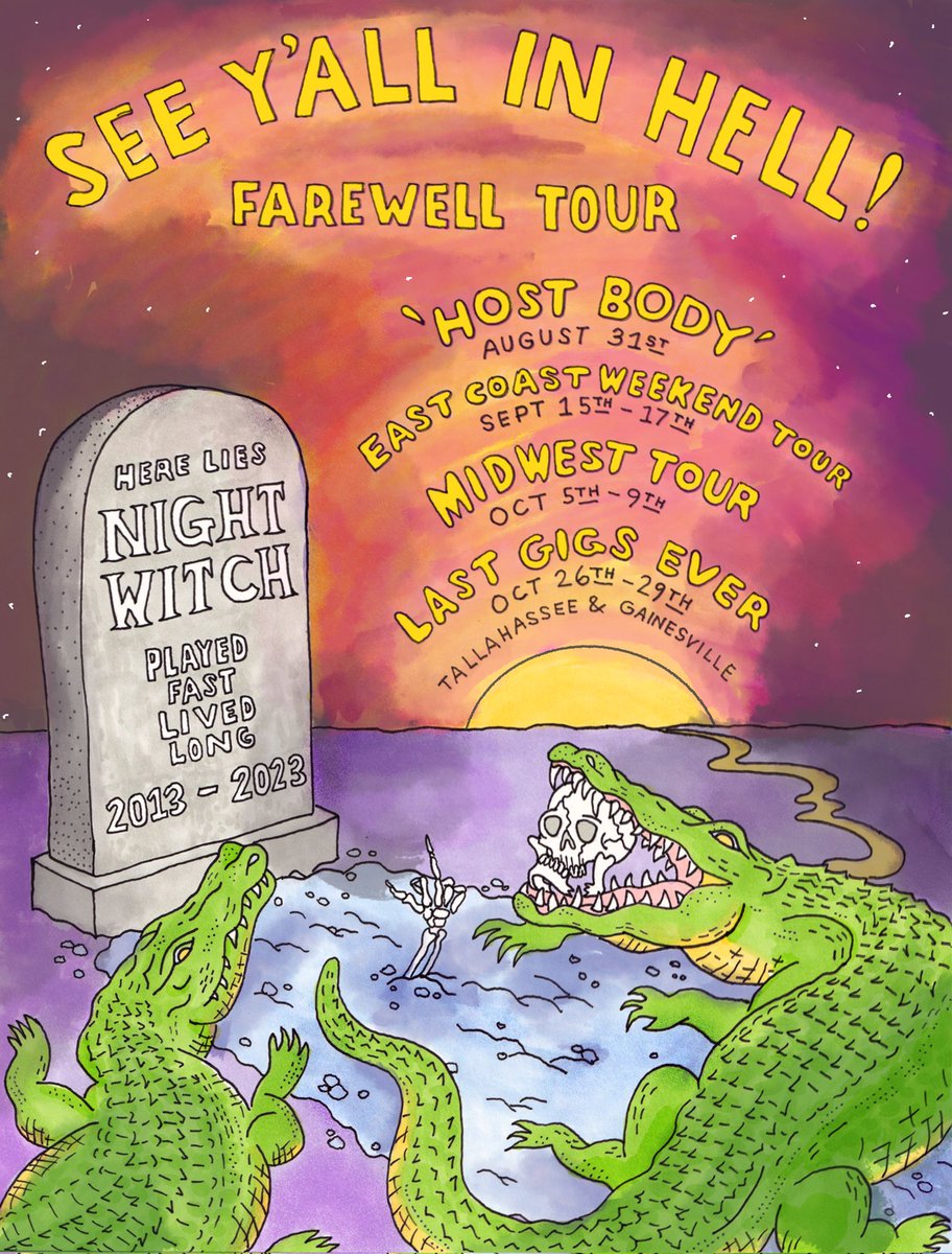 nightwitchfl's tweet photo. Night Witch has decided to break up after a decade of playing music together 💕 We’re not leaving without being super annoying so we’re releasing our last 7" - “Host Body” on 8/31, doing some short Farewell tours and going out with a bang at our favorite place ever @thefestfl !!! https://t.co/IacMGt6pr1