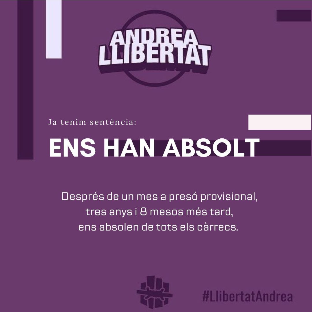 ⚠ Detingut en les protestes post-sentència
⚠ EMPRESONAT DURANT UN MES!!!
⚠ La Fiscalia li proposà rebaixar la pena, de 4 anys i 9 mesos de presó si acceptava uns fets inexistents. La fiscalia pressionava sabent que NO HI HAVIA PROVES!

✊En Dren va resistir i avui... ABSOLT!🎉
