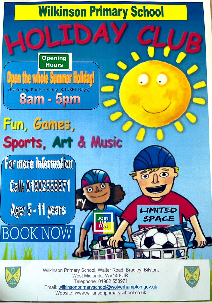 Summer HolidayClub!
We are now taking bookings for the summer break! (Excluding Bank Holiday and INSET Days)
Limited places. £10 deposit required to secure sessions. 
Come and join the fun!
Call the office for more information and bookings 
01902558971