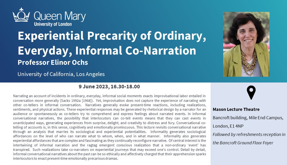 Registration to attend the 2023 Jenny Cheshire Lecture (Fri 9th June) is now open! We will be joined by Prof. Elinor Ochs for the lecture 'Experiential Precarity of Ordinary, Everyday, Informal Co-Narration'.