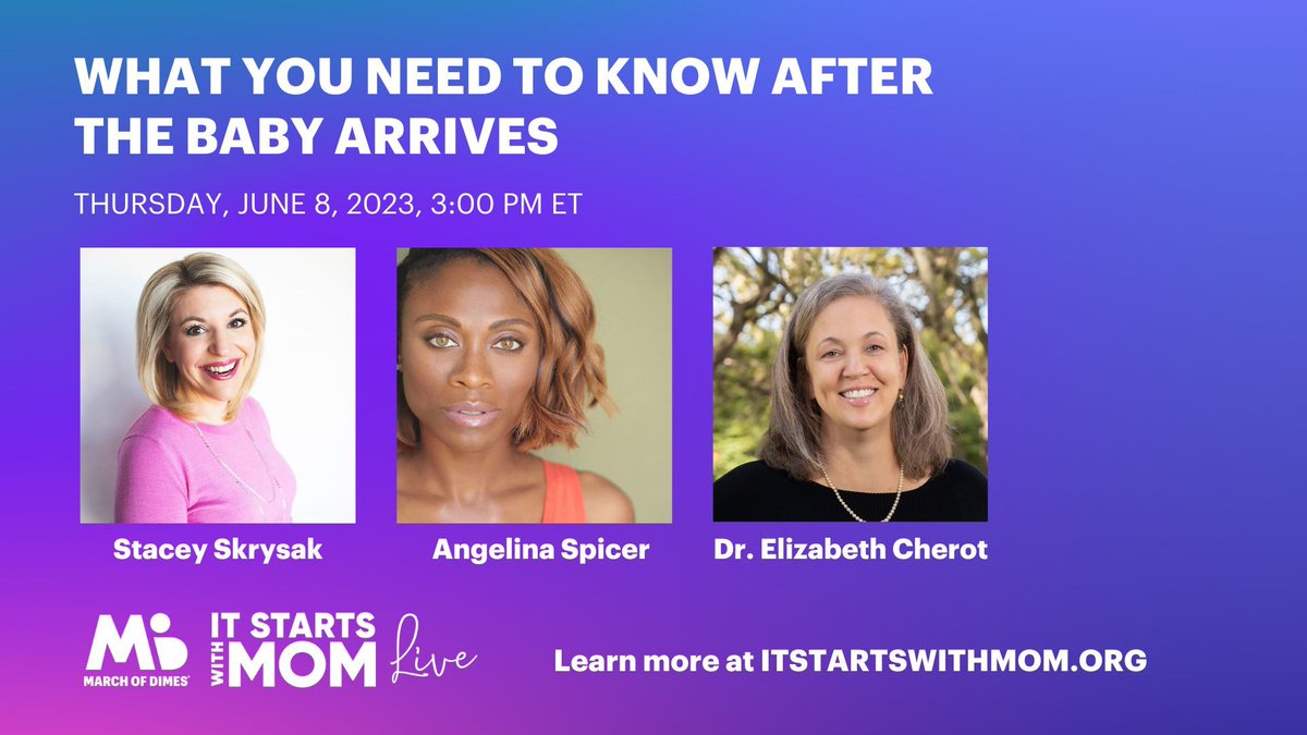 Join us to discuss postpartum depression, anxiety and how to get help without stigma or shame with @StaceySkrysak @angelinaspicer and March of Dimes SVP, Chief Medical & Health Officer, Dr. Elizabeth Cherot. marchofdimes.org/find-support/i… #ItStartsWithMom
