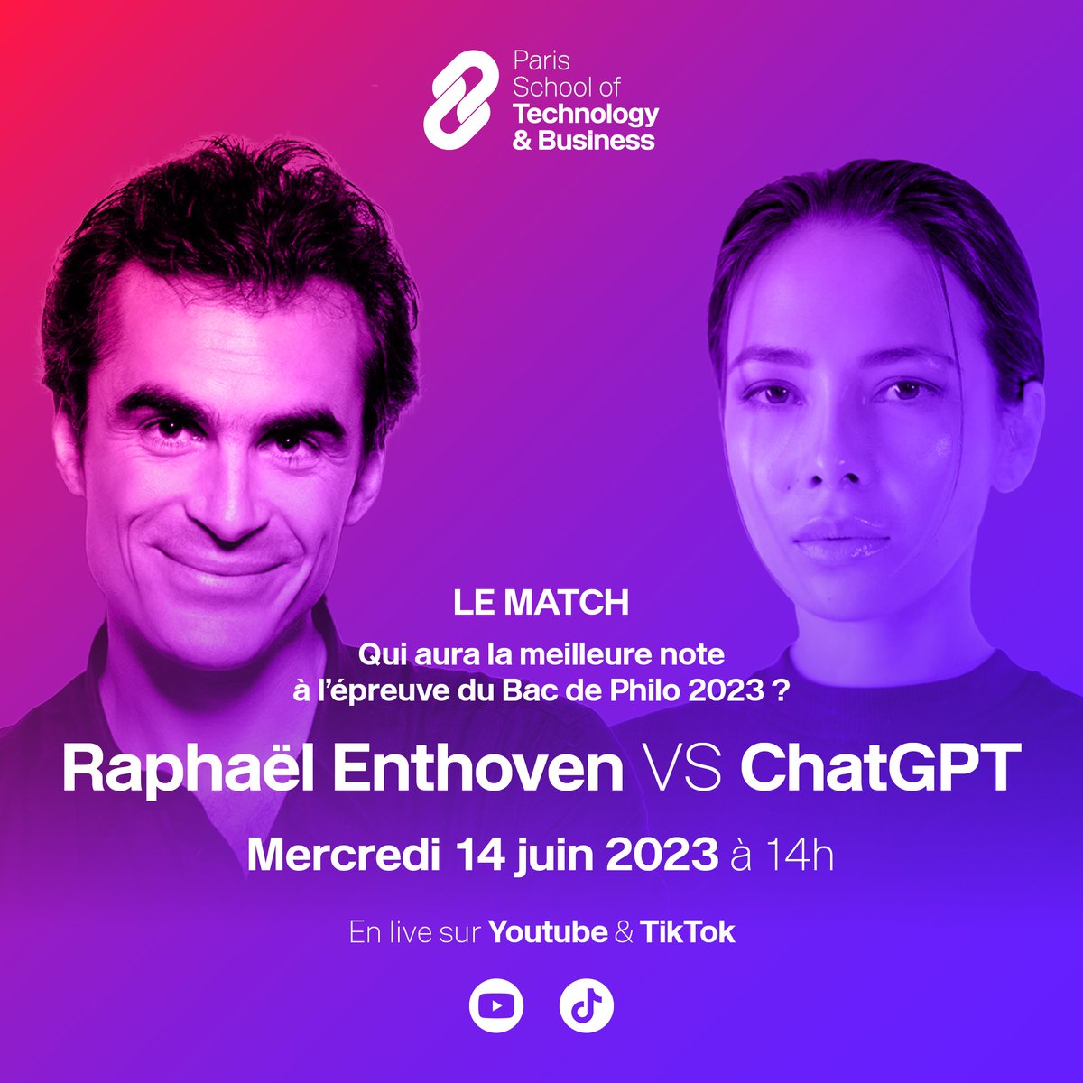 Paris School of Technology & Business (@pstb_school) on Twitter photo 🎉 Le match entre <a href="/Enthoven_R/">Raphaël Enthoven 🎗️</a> et Chat GPT arrive à grand pas ! 🎉
Au cœur de PST&B, ces deux esprits s'affronteront sur l'épreuve du Bac de Philo , mettant à l'épreuve leur savoir, leur raisonnement et leur créativité.
#raphaelenthoven #chatgpt #philosophie #bac #pstb 🎉 Le match entre <a href="/Enthoven_R/">Raphaël Enthoven 🎗️</a> et Chat GPT arrive à grand pas ! 🎉
Au cœur de PST&B, ces deux esprits s'affronteront sur l'épreuve du Bac de Philo , mettant à l'épreuve leur savoir, leur raisonnement et leur créativité.
#raphaelenthoven #chatgpt #philosophie #bac #pstb
