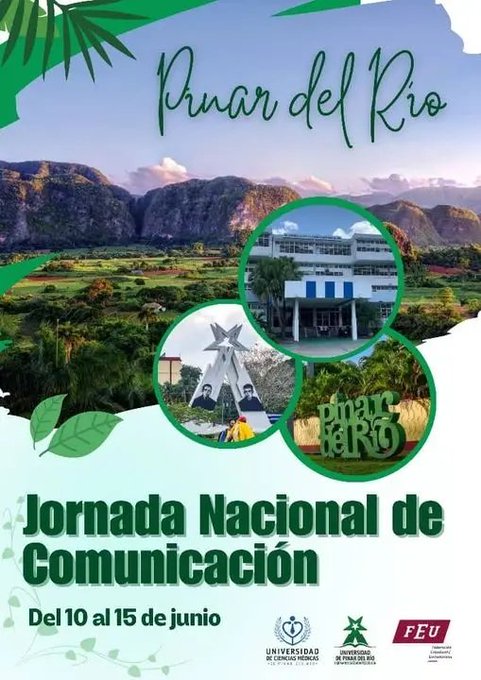 Del 10 al 15 de Junio se desarrollará en la Universidad de Ciencias Médicas #PinardelRío, la Jornada Nacional de Comunicación 2023.
#PinardelRioPorLaVida
#CubaPorLaVida