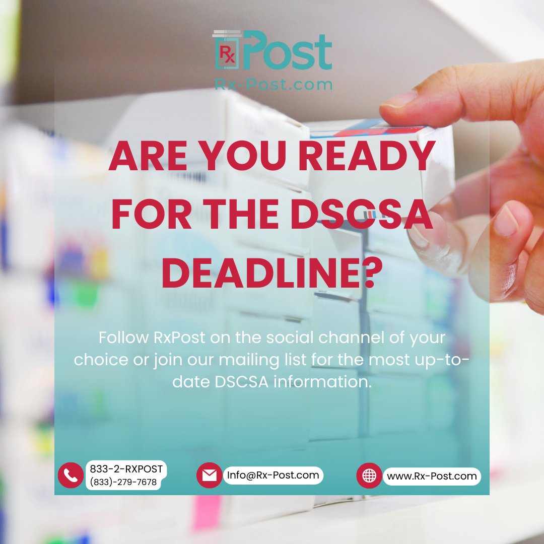 📢Let RxPost help ensure your independent pharmacy is ahead of the curve and fully prepared for the upcoming DSCSA deadline!

#TwitteRx #independentpharmacy #localpharmacy #pharmacy #pharmacist #pharmacytechnician #CApharm #capharmacy #rxpost #DSCSA #FDA #pharma #serialization