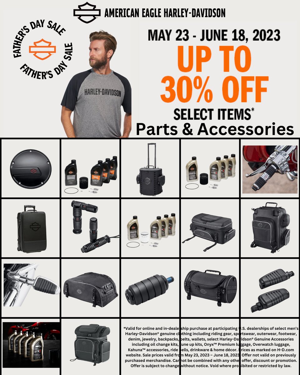 AEHD_KickAss's tweet photo. Now through June 18th, 2023 on Select Parts & Accessories! Swing in and get Dad the gift of Harley-Davidson this Father's Day!! 🇺🇸 🦅
Learn More: https://t.co/yFYAlN1vsA
#harley #aeharley #harleydavidson #cvo #custom #bike #bikelife #bikeweek #roadglide #hd #webuildriders https://t.co/895dY1Vu2T