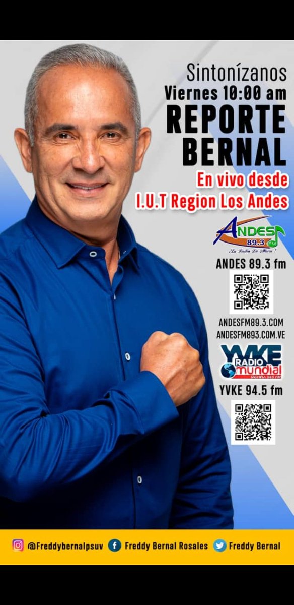 No te lo pierdas #ReporteBernal141, en vivo desde #IUT región Los Andes  con el afrodescendiente de la comunicación <a href="/arguelloyepfri/">Yepfri Arguello</a>

El Táchira sigue avanzando con <a href="/FreddyBernal/">Freddy Bernal</a>

<a href="/MinAlimenVen/">minalimentacion_ve</a>
<a href="/MartaGalloVzla/">Marta Gallo</a>
<a href="/Gob_Tachira/">Gobernación del estado Táchira</a>
<a href="/Psuv_cardenas/">Psuvcardenas</a>
<a href="/PSUVTachira/">PSUV Táchira</a>

#SoyComunicadorClap