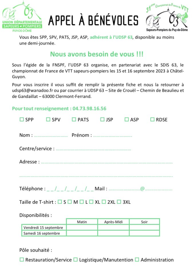 udsp63's tweet photo. Appel bénévoles pour l’organisation du chpt de 🇫🇷 VTT SP, merci d’avance. 
Si vous souhaitez vous inscrire, il vous suffit de remplir la fiche et de nous la retourner à udsp63@wanadoo.fr ou à UDSP 63 – Site de Crouël – Chemin de Beaulieu et de Gandaillat – 63000 Clermont-Fd. https://t.co/Ewscgycpp0